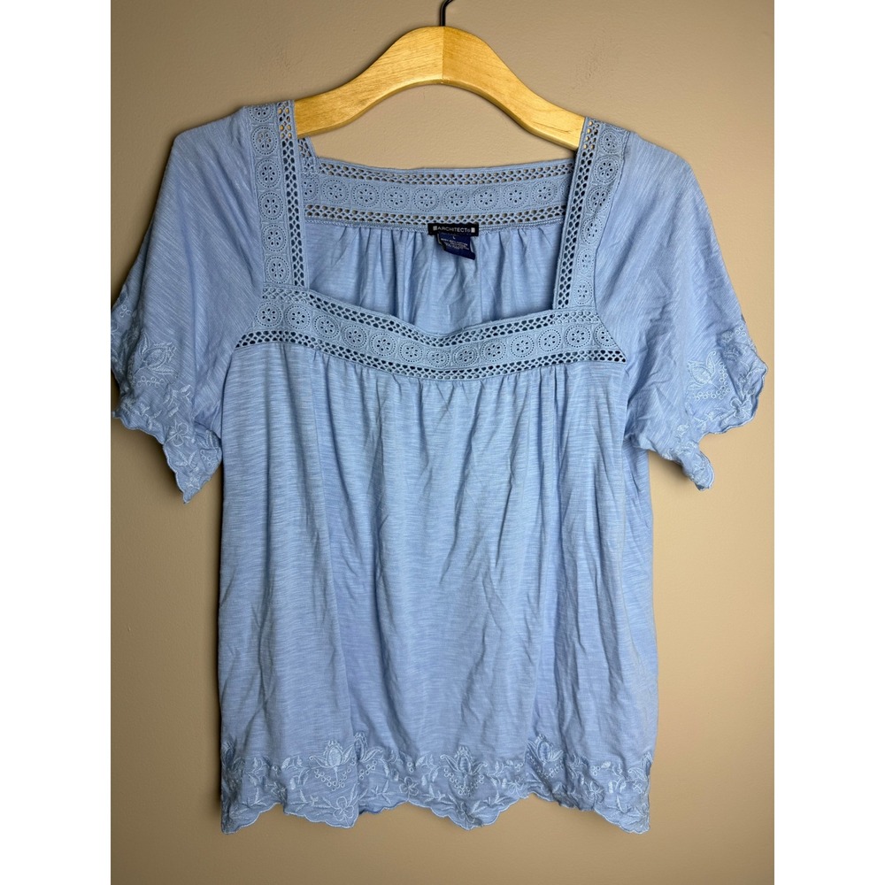 Architect Womens Blue Short Sleeve Eyelet Lace Crochet Trim Embroidered Top L